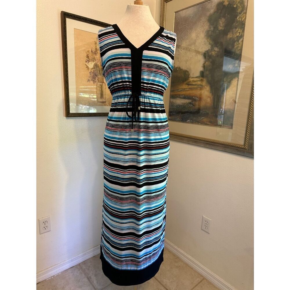 JONES NEW YORK Striped V-Neck Maxi Dress - Multicolor w/ Drawstring Size Med - Picture 2 of 13
